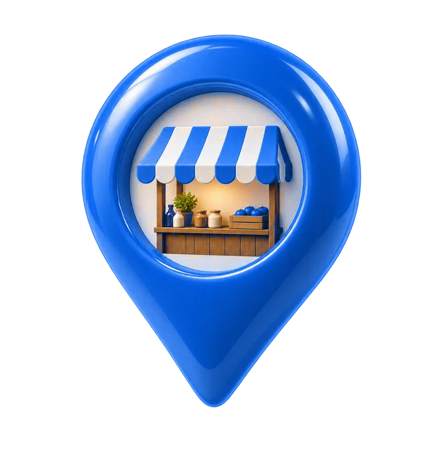 Glossy red market pin with a striped pop-up stall