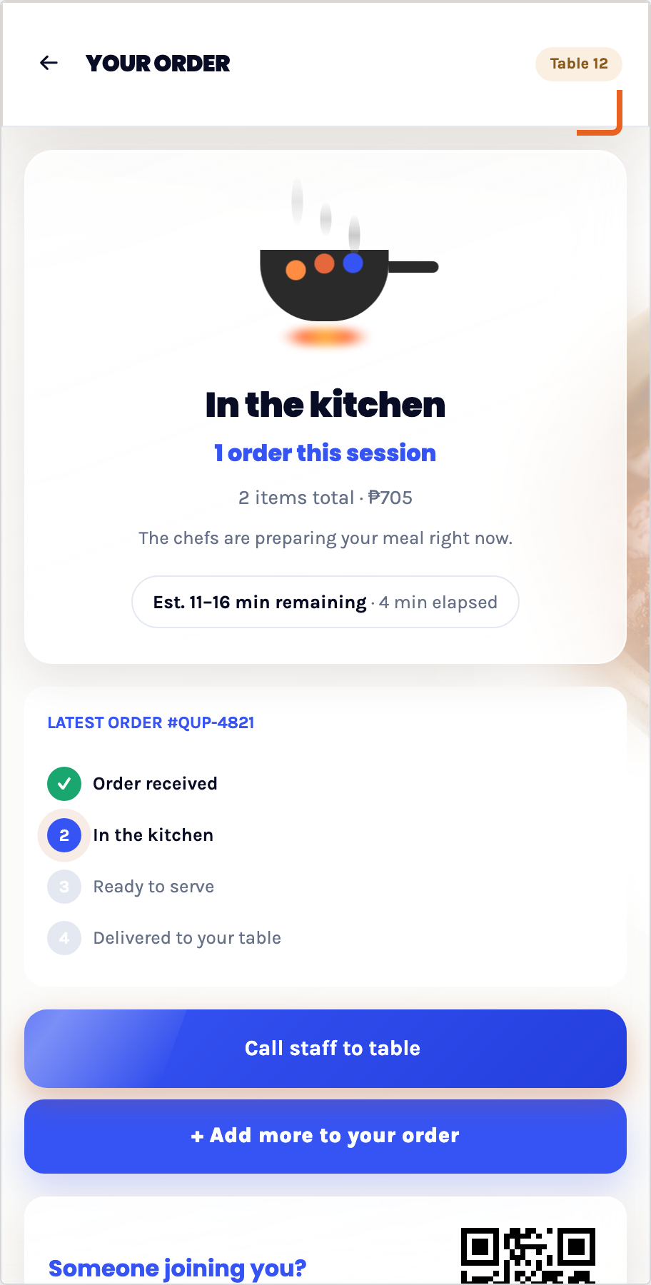 Q'Up guest order status with call staff and add more actions