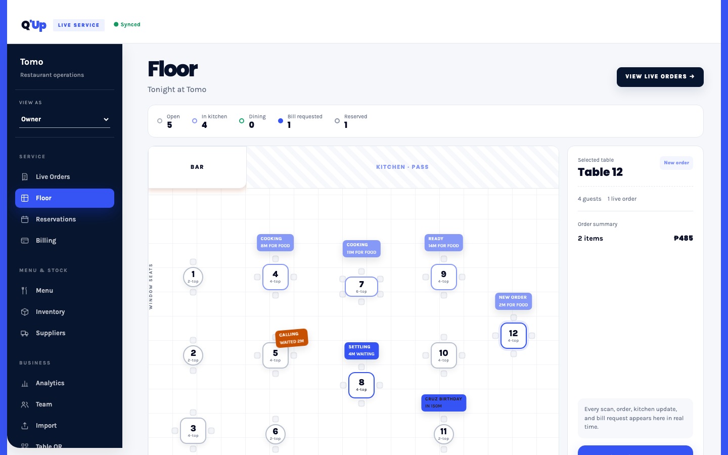 Q'Up live restaurant floor plan