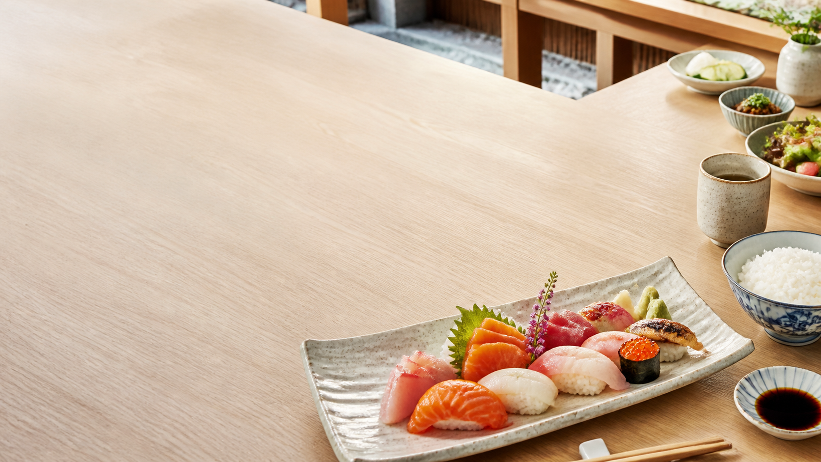Japanese restaurant table set with sushi, tea, and side dishes