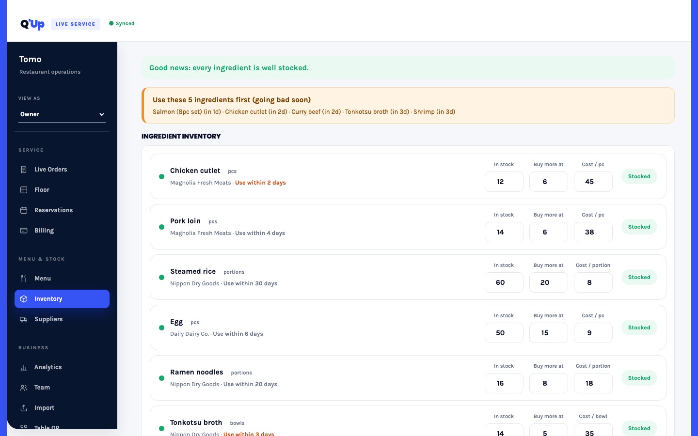 Q'Up ingredient inventory and expiry alerts
