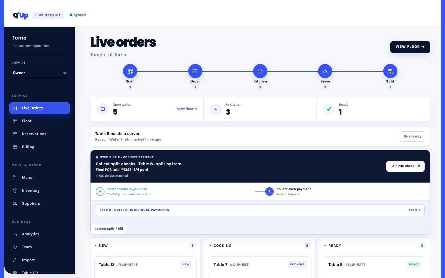 Q'Up live restaurant operations dashboard