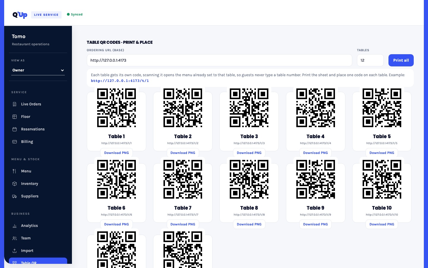 Q'Up table QR management and printing workspace